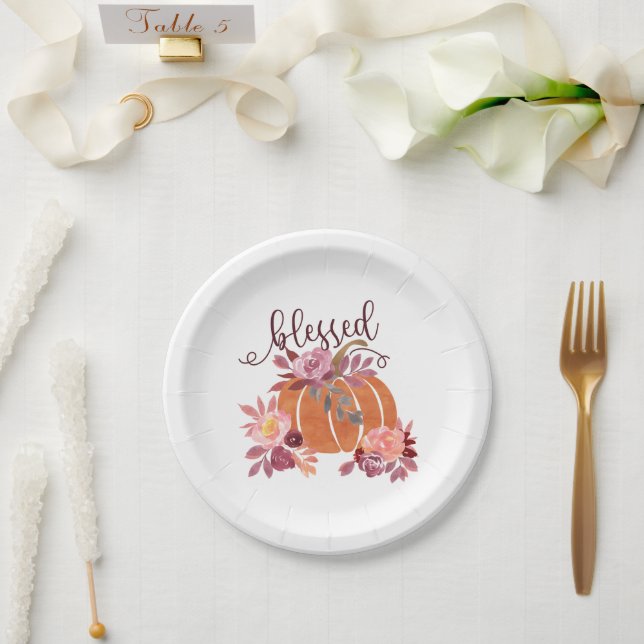 Plato De Papel Bendita - Calabaza de otoño con flores rosas (Boda)