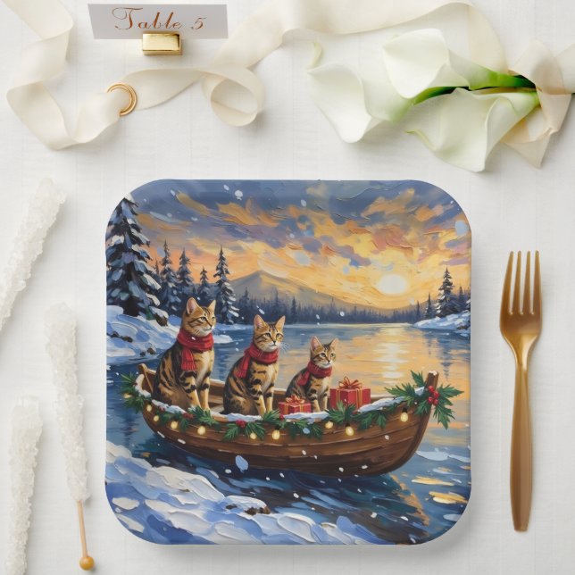 Plato De Papel Bengal Cat Christmas Boat Holiday (Boda)