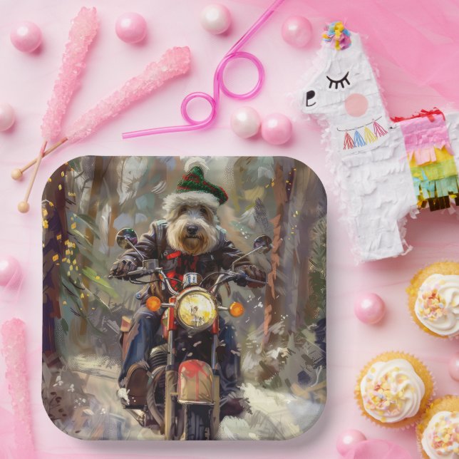 Plato De Papel Bernedoodle Dog Riding Motorcycle Christmas (Fiesta)