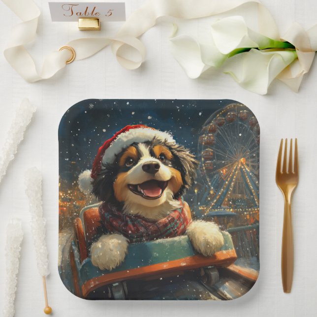 Plato De Papel Bernedoodle Perro Montaña Rusa Navidad  (Boda)