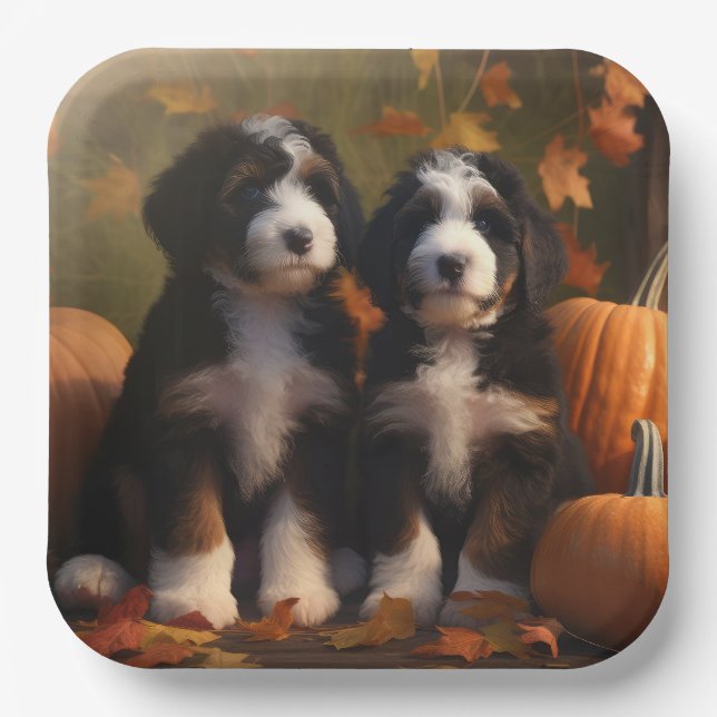 Plato De Papel Bernedoodle Puppy Autumn Delight Pumpkin (Anverso)