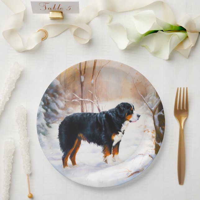 Plato De Papel Bernese Mountain Deja que nieve Navidad  (Boda)