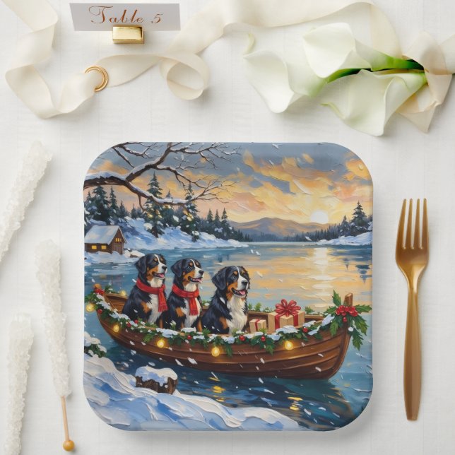 Plato De Papel Bernese Mountain Dog Christmas Boat Holiday (Boda)