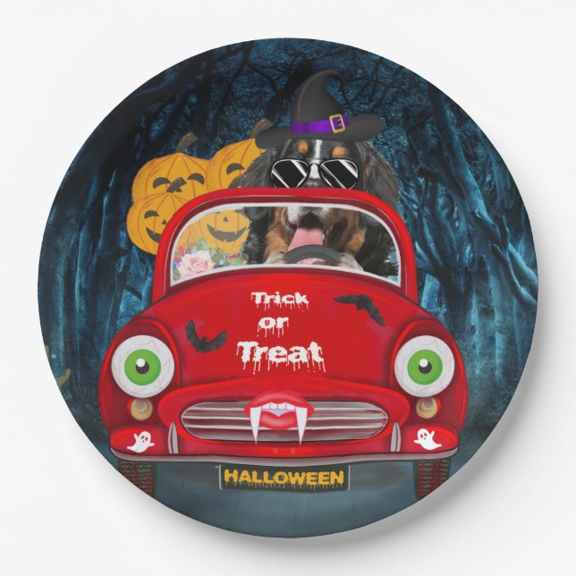 Plato De Papel Bernese Mountain Dog Driing Car Sasuy Halloween (Anverso)