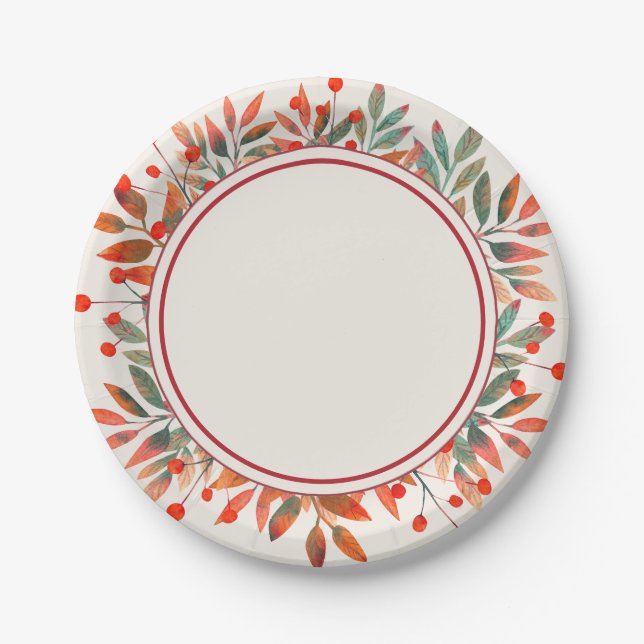 Plato De Papel Berries rojos y Verde azulados dejan marfil (Anverso)
