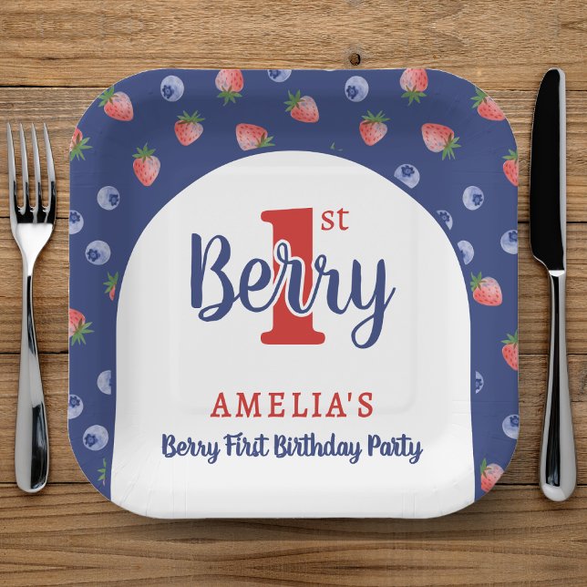 Plato De Papel Berry 1er cumpleaños Fiesta Strawberry Blueberry B (Berry 1st Birthday Party Strawberry Blueberry Blue Paper Plates
)