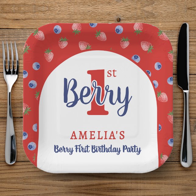 Plato De Papel Berry 1er cumpleaños Fiesta Strawberry Blueberry R (Berry 1st Birthday Party Strawberry Blueberry Red Paper Plates
)