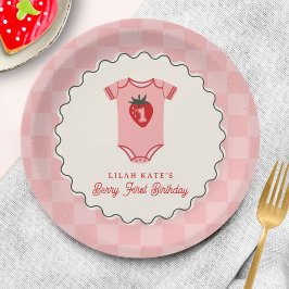 Plato De Papel Berry 1er cumpleaños Strawberry Shirt Checkerboard
