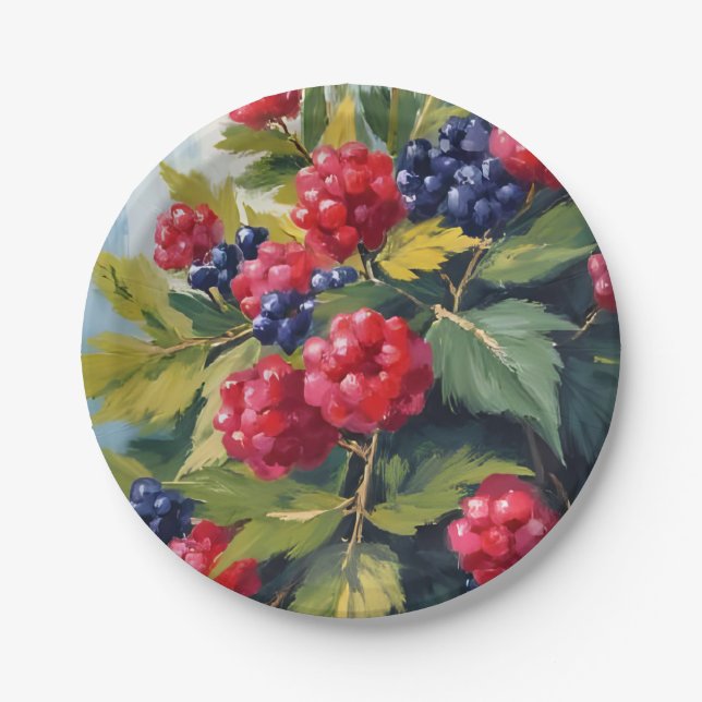 Plato De Papel Berry Bush Raspberry Blackberries Watercolor Fruit (Anverso)