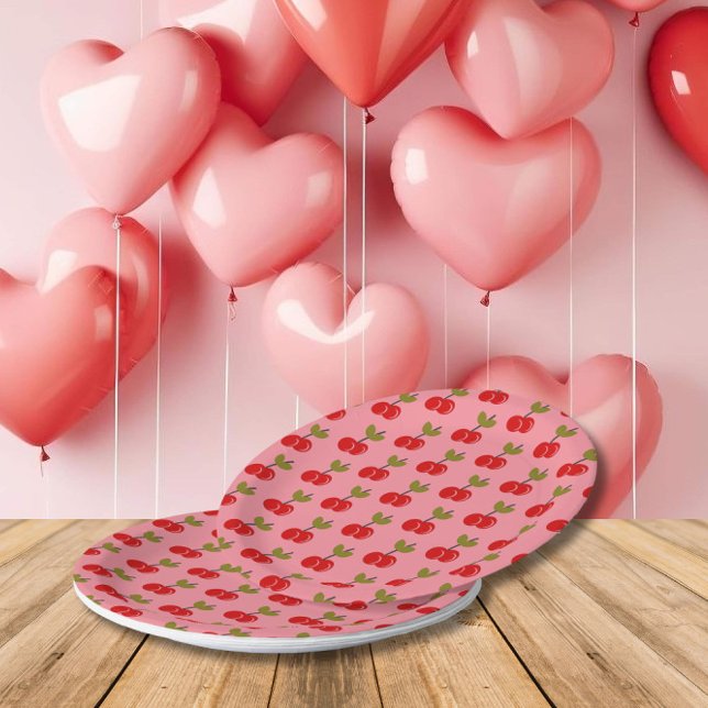 Plato De Papel Berry de cerezo retro primer cumpleaños rojo y ver (Subido por el creador)