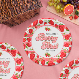 Plato De Papel Berry de cumpleaños de fresa blanca rosa moderna p