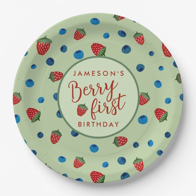 Plato De Papel Berry First Birday Blueberries y fresas (Anverso)