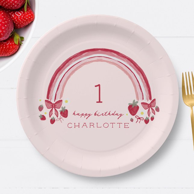 Plato De Papel Berry First Birday Rainbow Strawberry Bows (Subido por el creador)