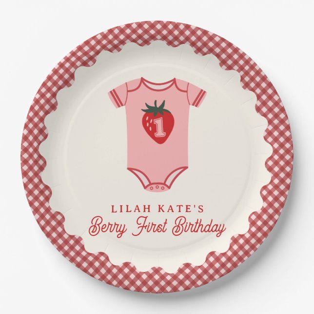 Plato De Papel Berry First Birday Strawberry Bodysuit (Anverso)