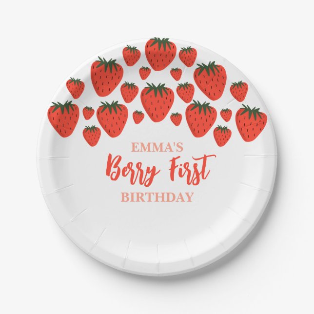 Plato De Papel Berry First Birday Strawberry Design (Anverso)