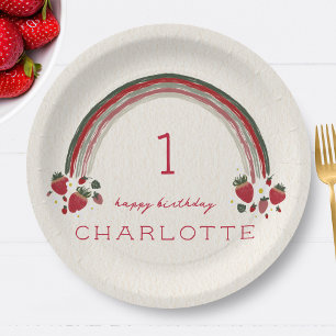 Plato De Papel Berry First Birday Strawberry Floral Rainbow