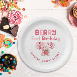 Plato De Papel Berry First Birday Teddy Bear Strawberry Pink