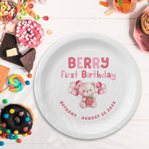 Plato De Papel Berry First Birday Teddy Bear Strawberry Pink