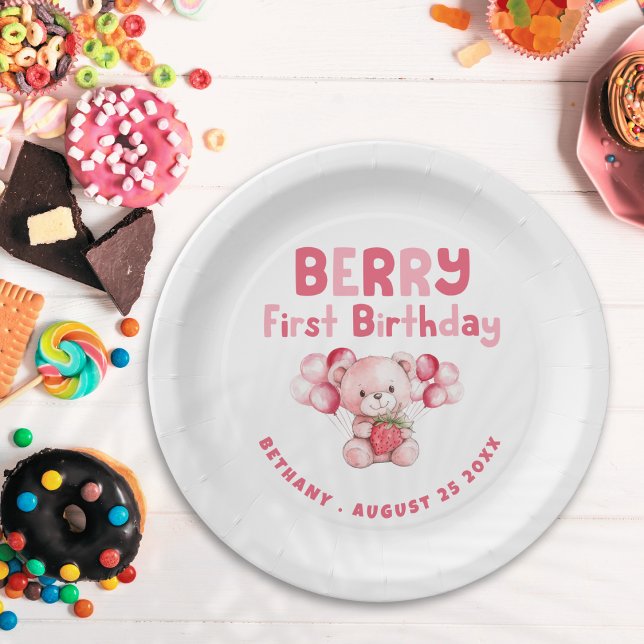 Plato De Papel Berry First Birday Teddy Bear Strawberry Pink (Subido por el creador)