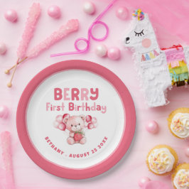 Plato De Papel Berry First Birday Teddy Bear Strawberry Pink bo
