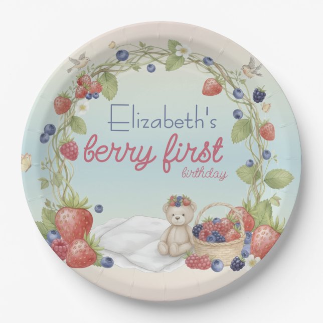 Plato De Papel Berry First Birthday Party Paper Plate (Anverso)