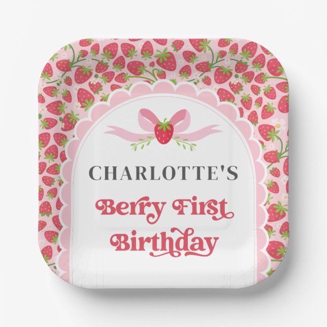 Plato De Papel Berry First Birthday Strawberry 1er cumpleaños 7" (Anverso)