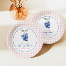Plato De Papel Berry First blueberry cumpleaños Pink Bow Gingham