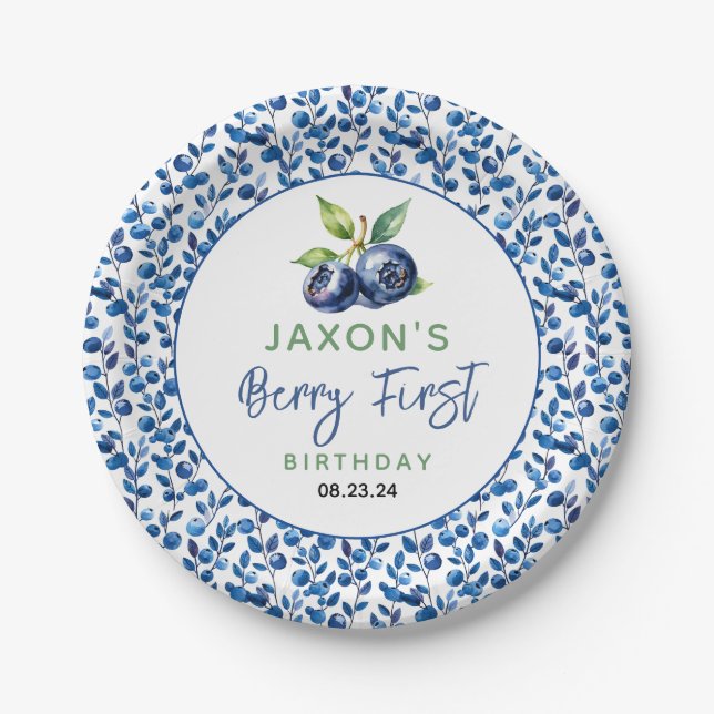 Plato De Papel Berry First Blueberry Primer Fiesta de cumpleaños (Anverso)