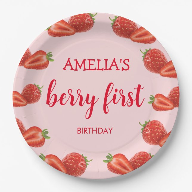 Plato De Papel Berry First | Fresa 1er cumpleaños rosa (Anverso)
