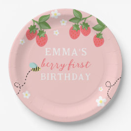 Plato De Papel Berry First Pink Strawberry and Flowers