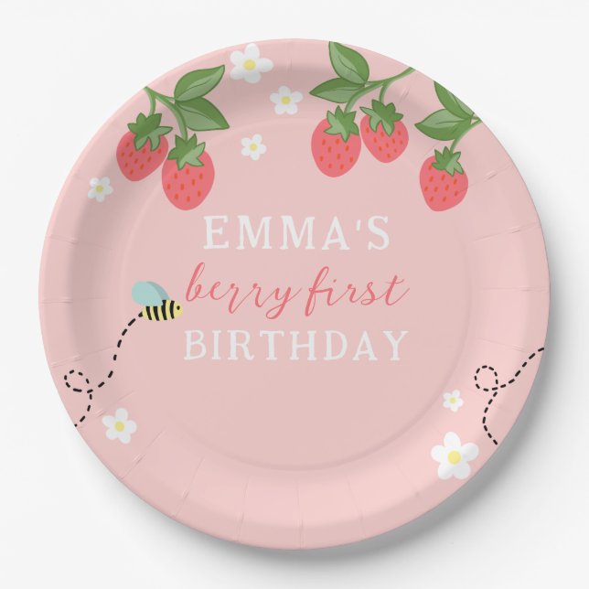 Plato De Papel Berry First Pink Strawberry and Flowers (Anverso)
