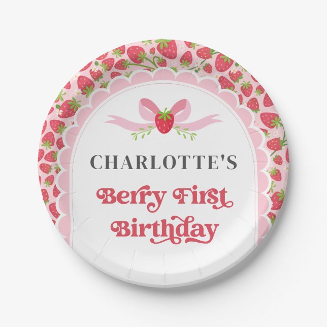 Plato De Papel Berry First Strawberry 1er cumpleaños 7" Ronda (Anverso)