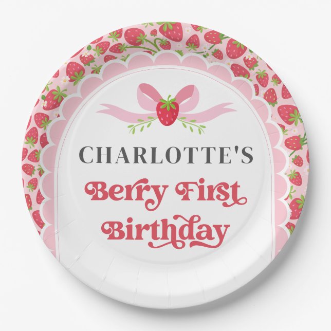 Plato De Papel Berry First Strawberry 1er cumpleaños 9" Ronda (Anverso)