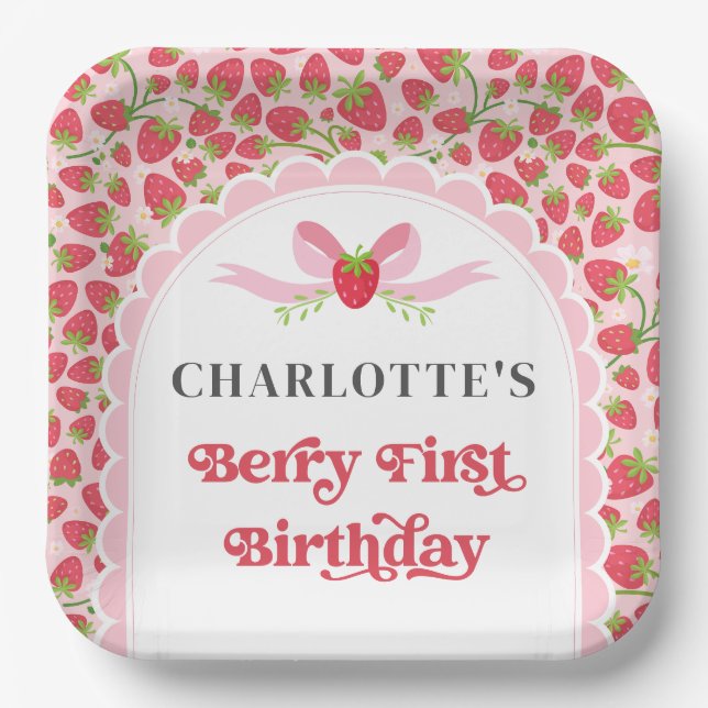 Plato De Papel Berry First Strawberry 1er cumpleaños 9" Square (Anverso)