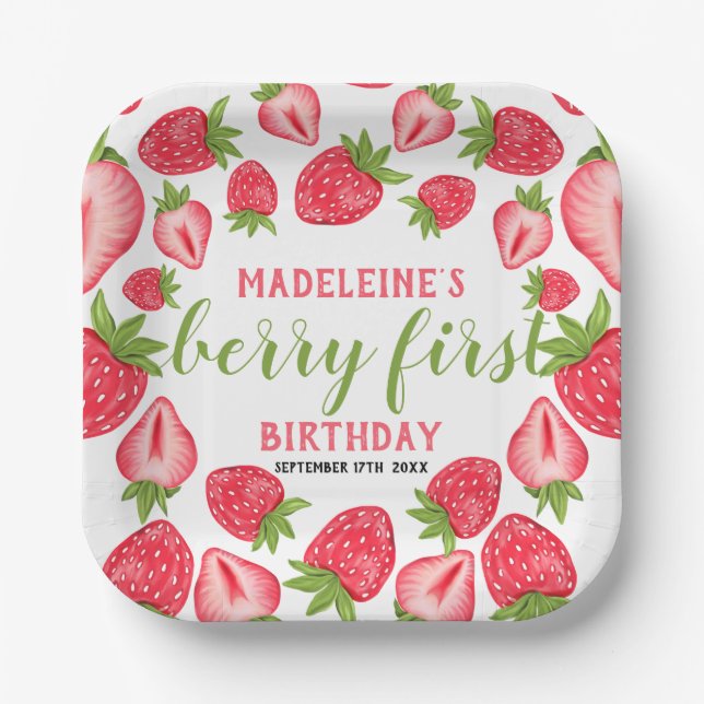 Plato De Papel Berry First Strawberry 1er cumpleaños personalizad (Anverso)