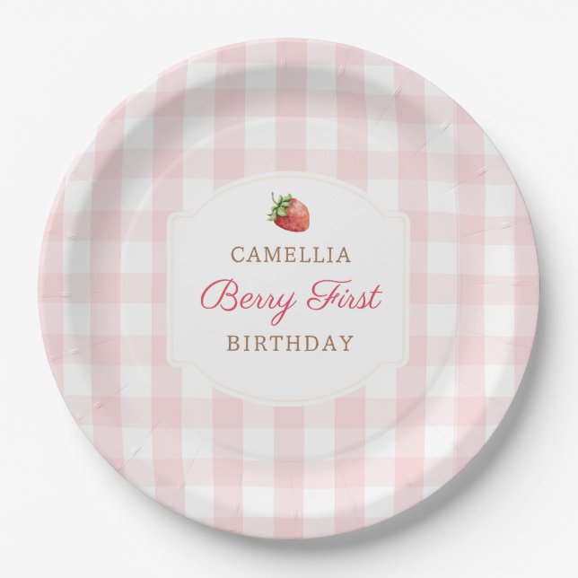 Plato De Papel Berry First Strawberry Pink Gingham Birthday Party (Anverso)