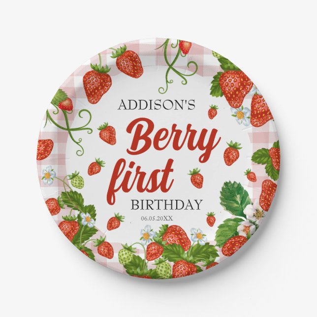 Plato De Papel Berry First Strawberry Primer Personalizado Fiesta (Anverso)