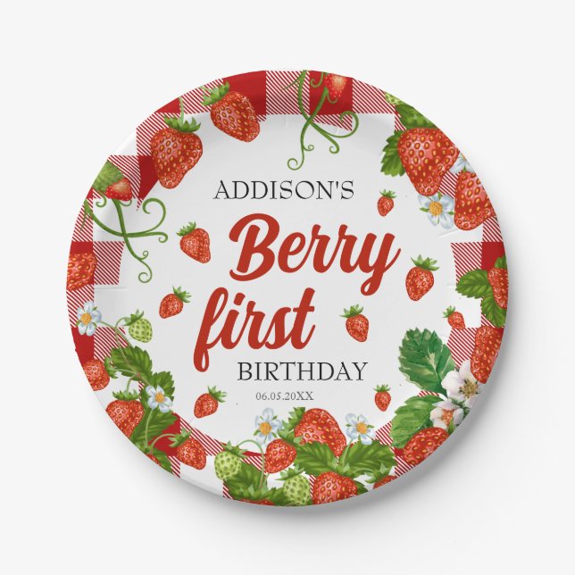 Plato De Papel Berry First Strawberry Primer Personalizado Fiesta (Anverso)
