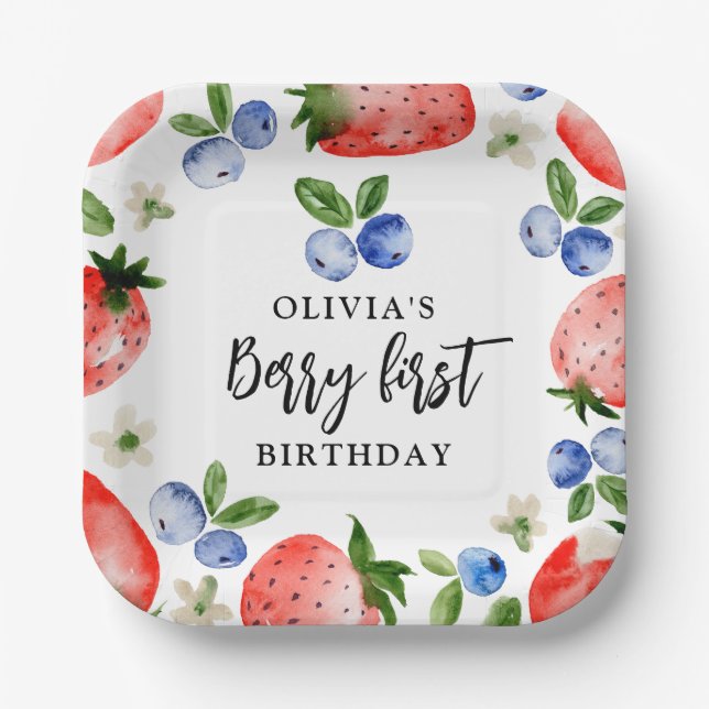 Plato De Papel Berry First Strawberry y Blueberry Birday (Anverso)