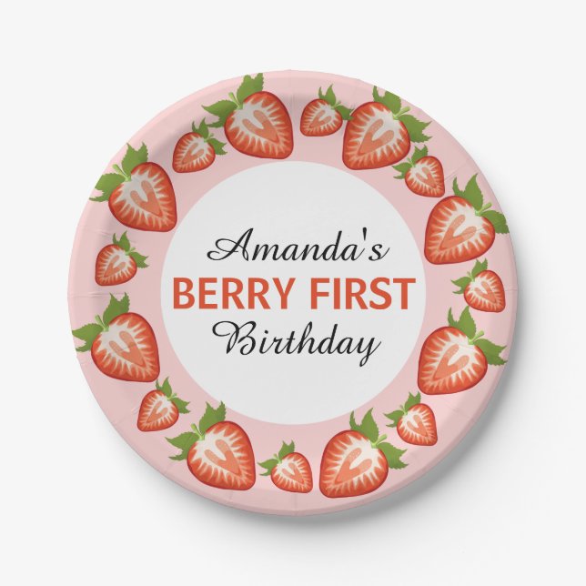 Plato De Papel Berry primer cumpleaños Berry Chica Strawberry ros (Anverso)