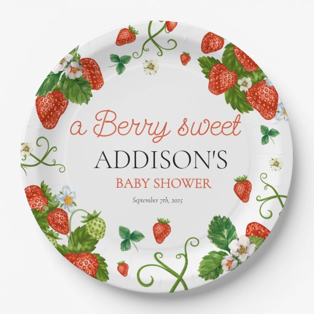 Plato De Papel Berry Sweet Baby Strawberry Baby Shower (Anverso)
