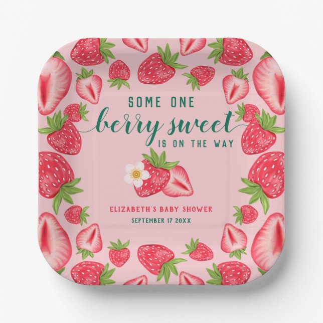 Plato De Papel Berry Sweet Baby Strawberry Baby Shower Personaliz (Anverso)