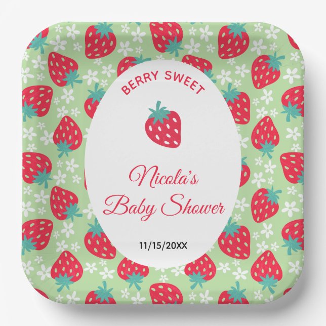 Plato De Papel Berry Sweet Green Strawberry Baby Shower (Anverso)