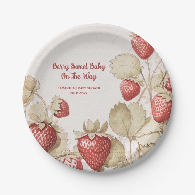 Plato De Papel Berry Sweet Strawberry baby ducha (Anverso)