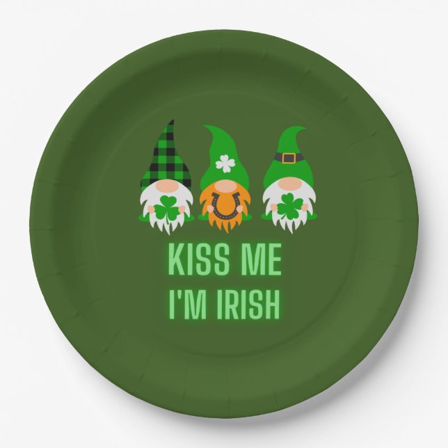 Plato De Papel Bésame soy irlandés St. Patrick's Day Gnome Shamro (Anverso)