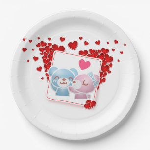 Plato De Papel Besando osos con corazones amorosos por todas part