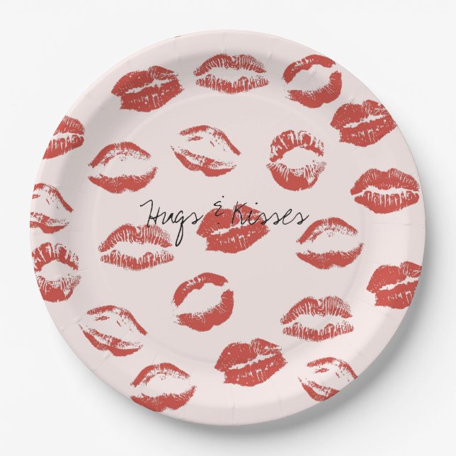 Plato De Papel Beso rosa de los labios rojos (Anverso)