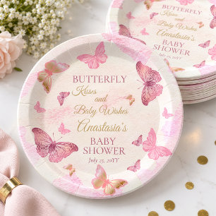 Plato De Papel Besos de Mariposa y Deseos de Bebé Niña Fiesta de