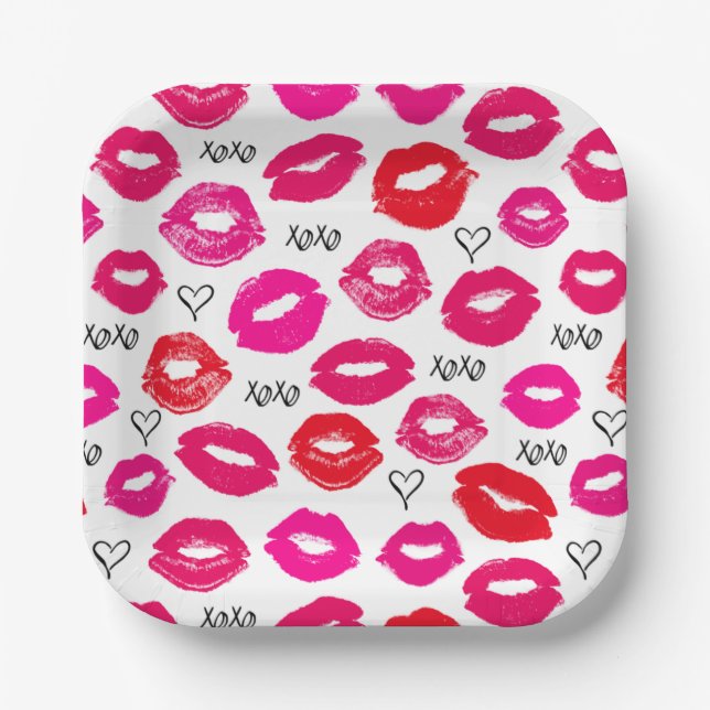 Plato De Papel Besos XOXO Rojo y Rosa (Anverso)