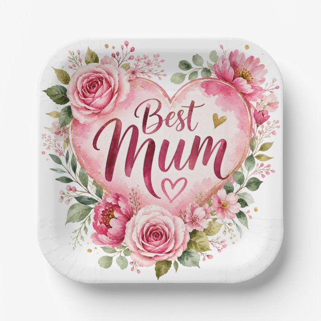 Plato De Papel Best Mum Aquarell Blumenherz Design (Anverso)